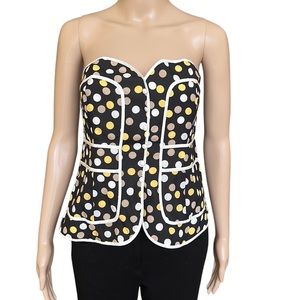 Arden B Black Silk Strapless Bustier Top size L Yellow Polka Dot White Piping